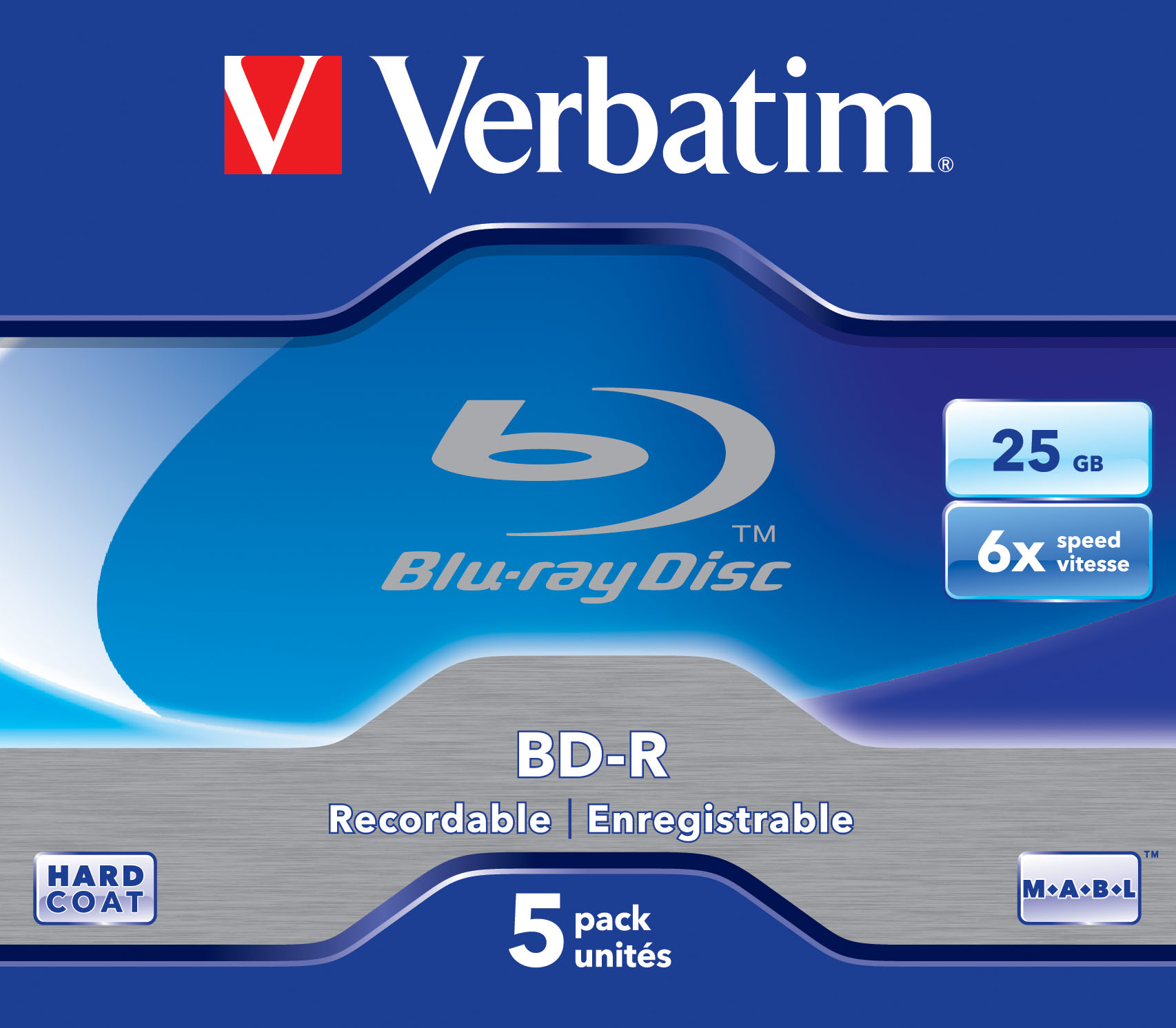 Verbatim Blu-ray Disc-Verpackung. Die Verpackung ist blau, mit Text und dem Verbatim-Logo.