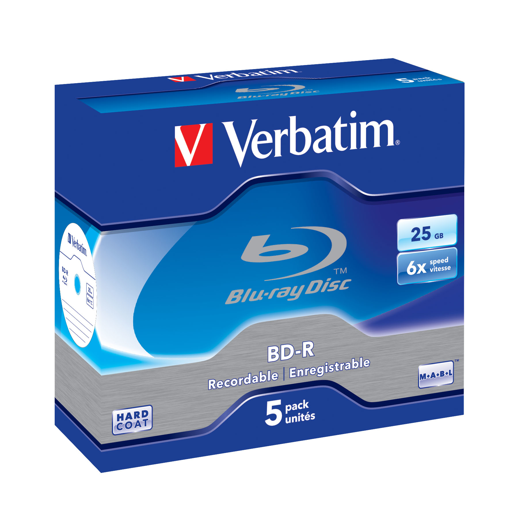 Blaue Schachtel mit Verbatim Blu-ray Discs mit silbernen Akzenten und Text.