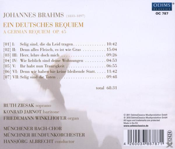 Die Rückseite einer CD mit Text über ein deutsches Requiem von Brahms. Weißer Hintergrund.