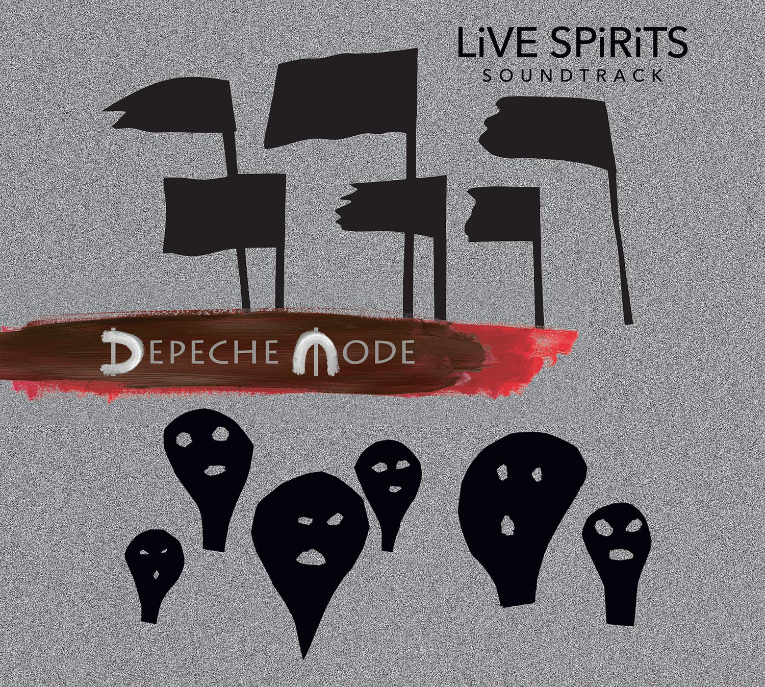 Album borító zászlókkal, szellemekkel és a „Depeche Mode Live Spirits Soundtrack” szavakkal.