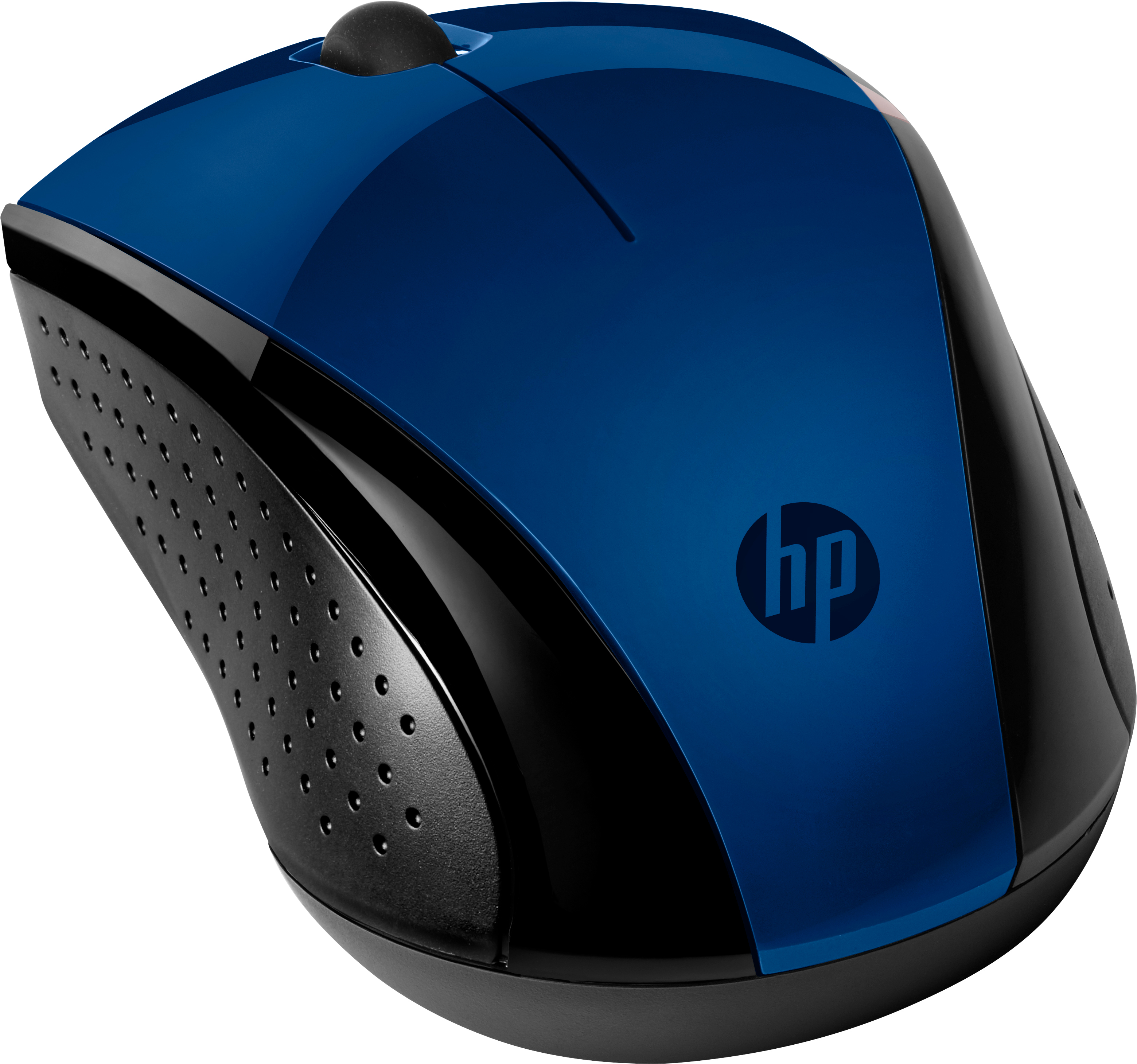 HP logosu olan mavi ve siyah kablosuz fare, beyaz zemin üzerinde açılı perspektif.