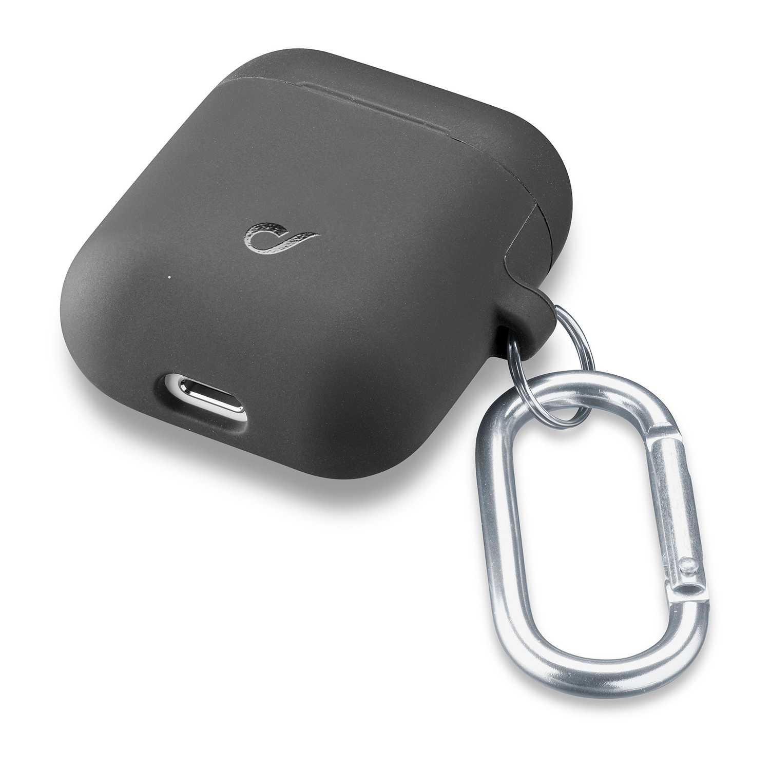Black AirPods case with a metal carabiner clip. The case has a small logo on its surface.