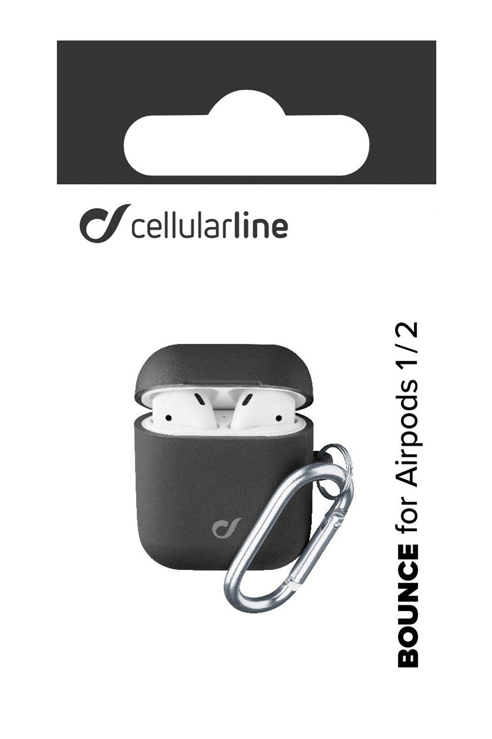 Black case for AirPods with a silver carabiner and the Cellularline logo.