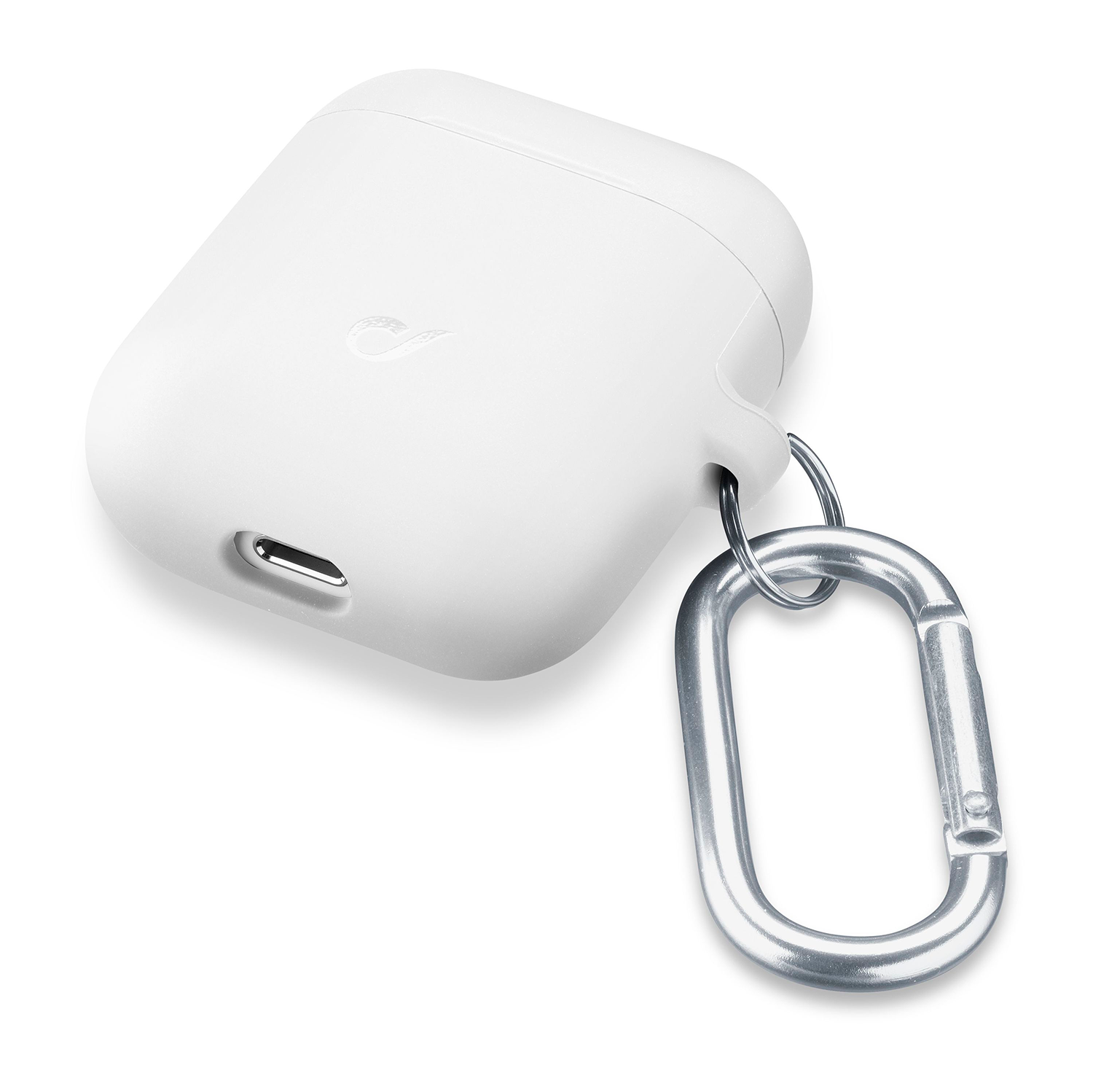 White AirPods case with a silver carabiner.