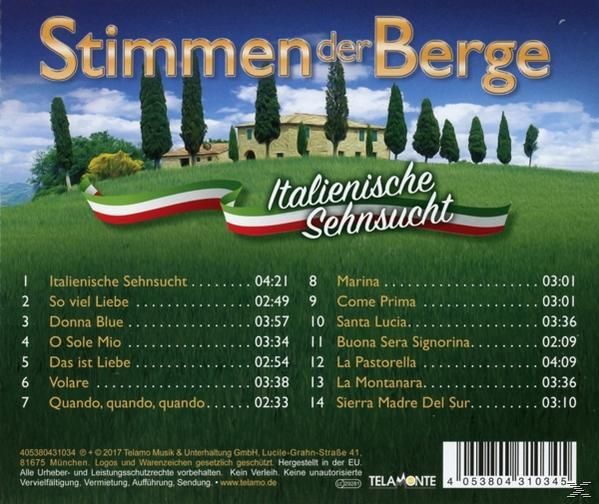Albumcover mit dem Titel 'Stimmen der Berge'. Mit italienischen Flaggenfarben und Landschaft.