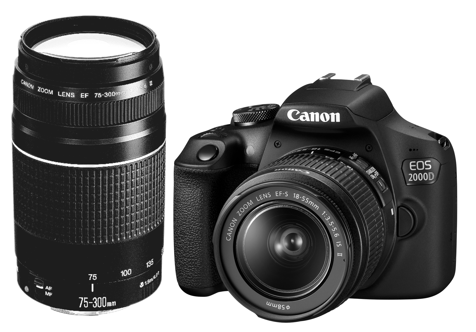 CANON EOS 2000D Kit Spiegelreflexkamera, 24,1 Megapixel, 18-55 mm, 75-300 mm Objektiv (EF, EF-S, IS II), WLAN, Schwarz
