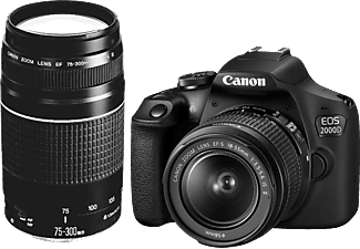 CANON EOS 2000D Kit Spiegelreflexkamera, 24,1 Megapixel, 18-55 mm, 75-300 mm Objektiv (EF, EF-S, IS II), WLAN, Schwarz