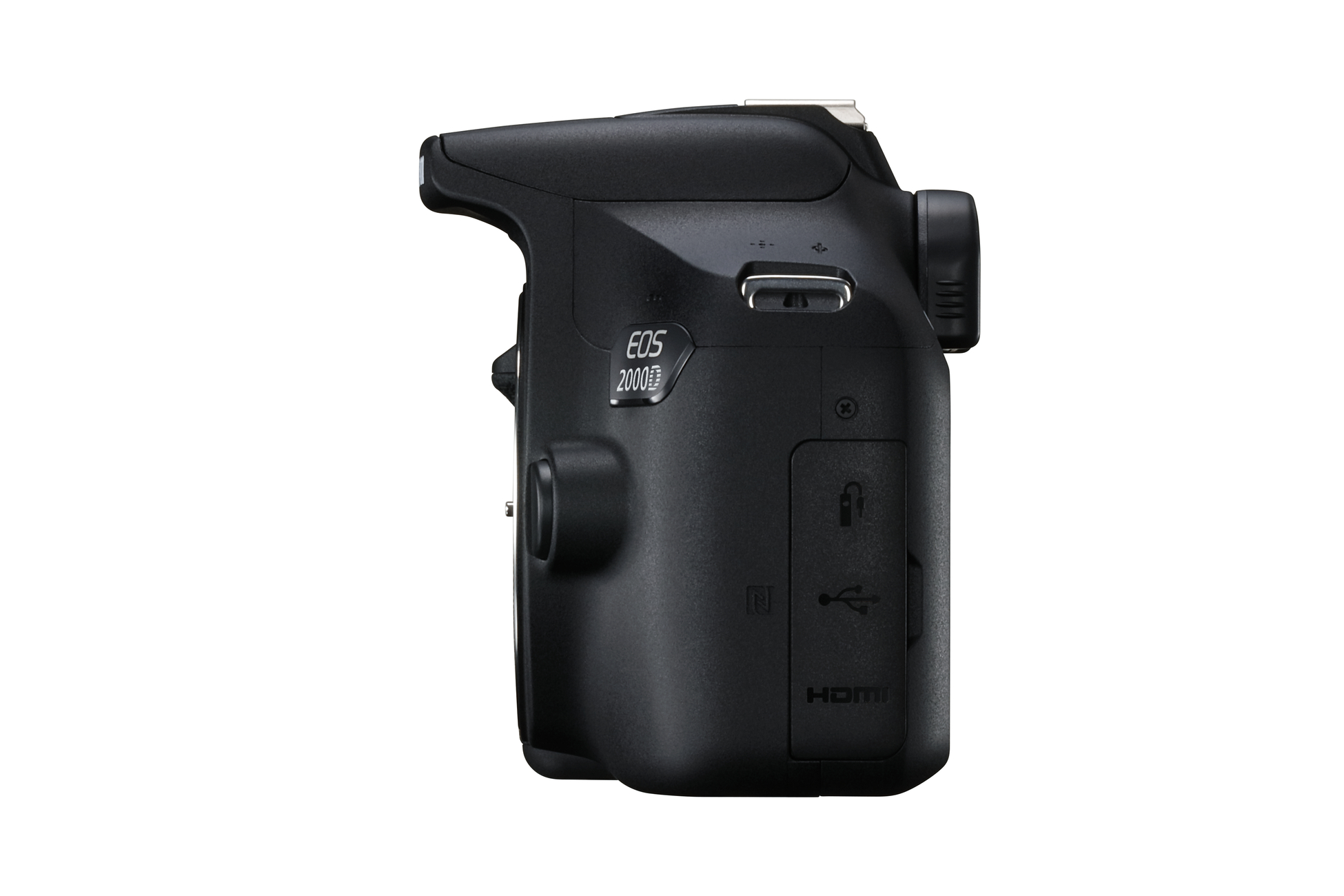 Eine schwarze Canon EOS 2000D Kamera von der Seite, zeigt Knöpfe und Anschlüsse.