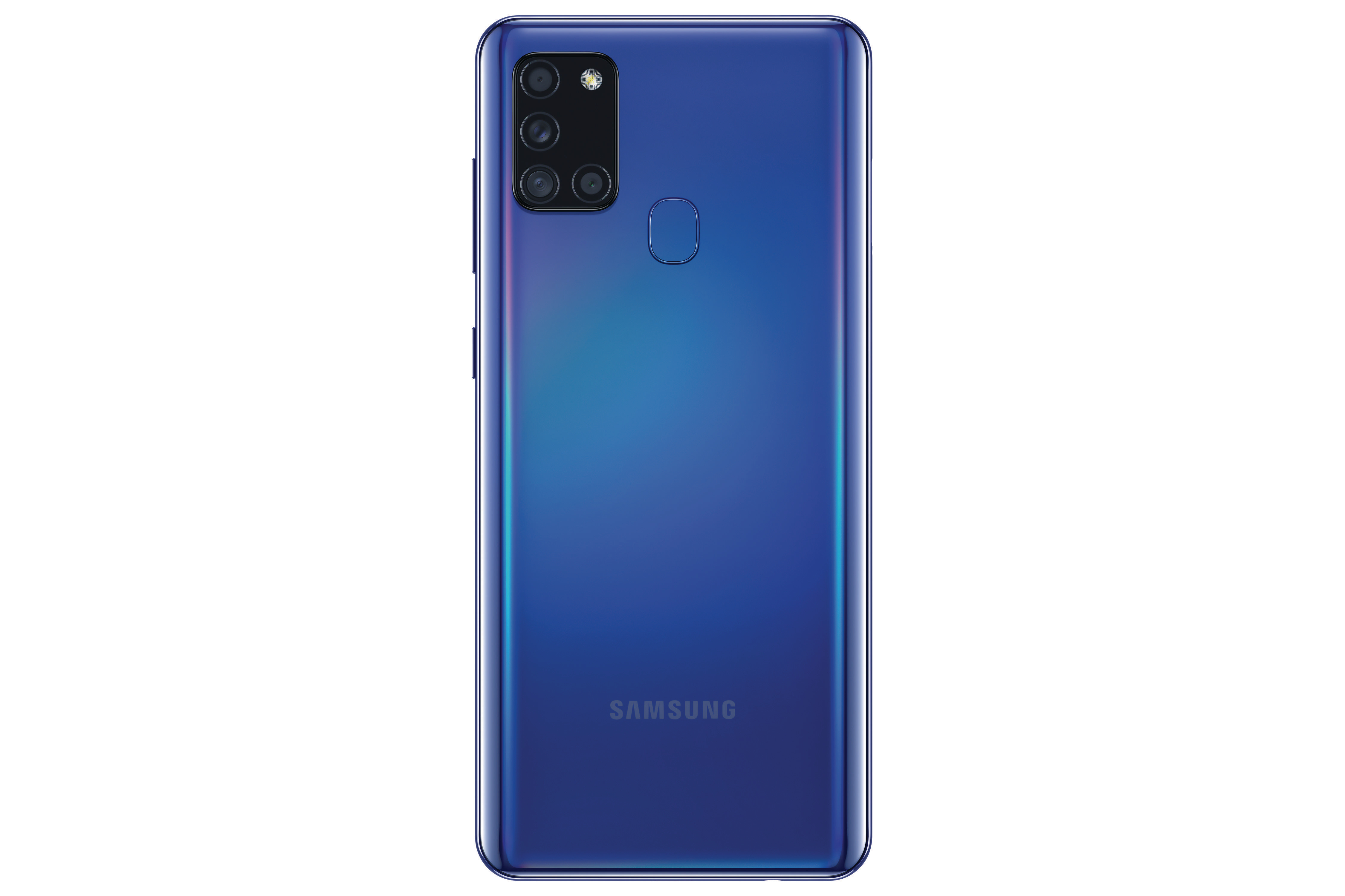 Ein blaues Samsung-Telefon. Die Rückseite hat mehrere Kameras, einen Fingerabdrucksensor und das Samsung-Logo.