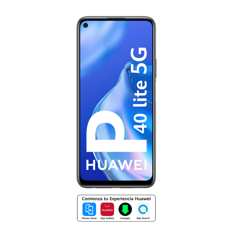 Teléfono Huawei P40 lite 5G sobre fondo negro, con iconos de marca abajo.