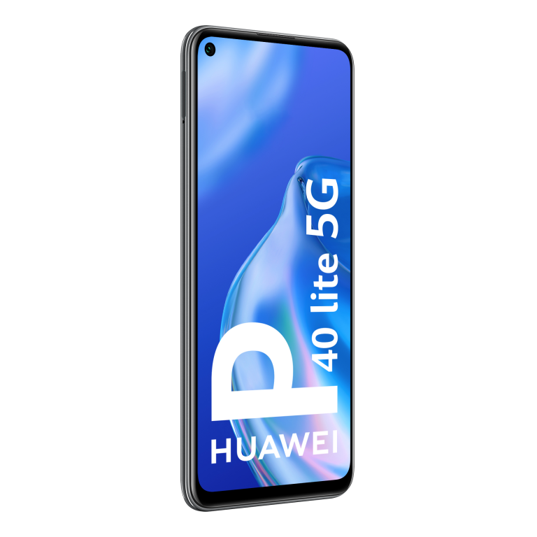 Teléfono negro Huawei P40 lite 5G, mostrando la pantalla y la marca.
