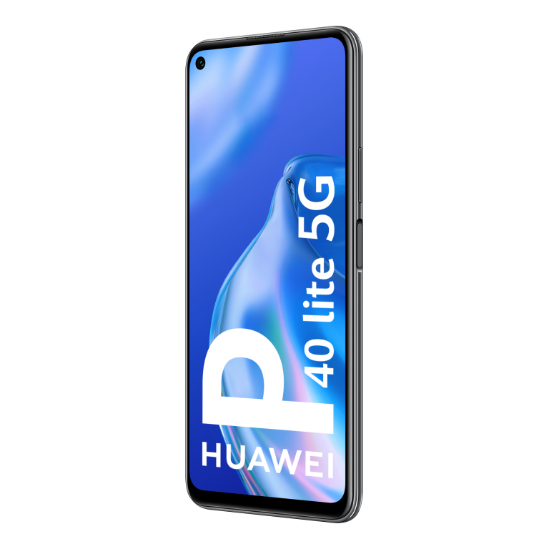 Un smartphone negro con una pantalla grande que muestra 'p 40 lite 5G' y 'HUAWEI'.