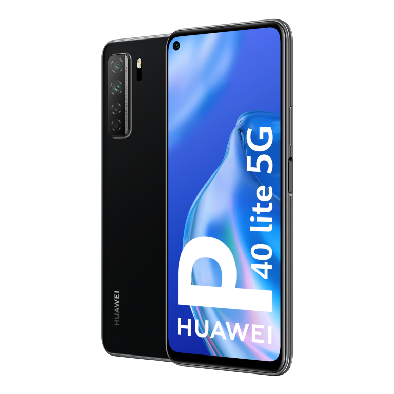 Un smartphone Huawei 40 lite 5G negro, que muestra la parte delantera y trasera del teléfono, y la pantalla con texto.