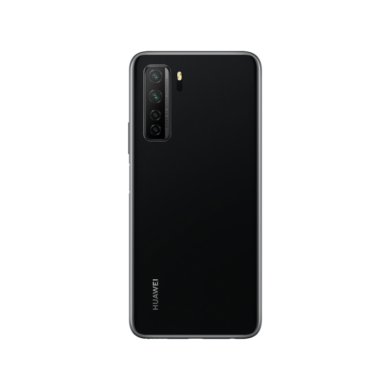 Un teléfono inteligente negro, vista trasera, con una protuberancia de la cámara y la palabra 'HUAWEI' en la parte inferior.