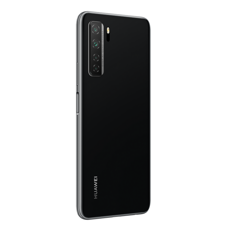 Teléfono Huawei negro con triple cámara y el logo de Huawei.