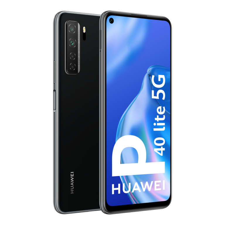 Teléfono Huawei negro, dos vistas, mostrando la pantalla y la parte trasera.