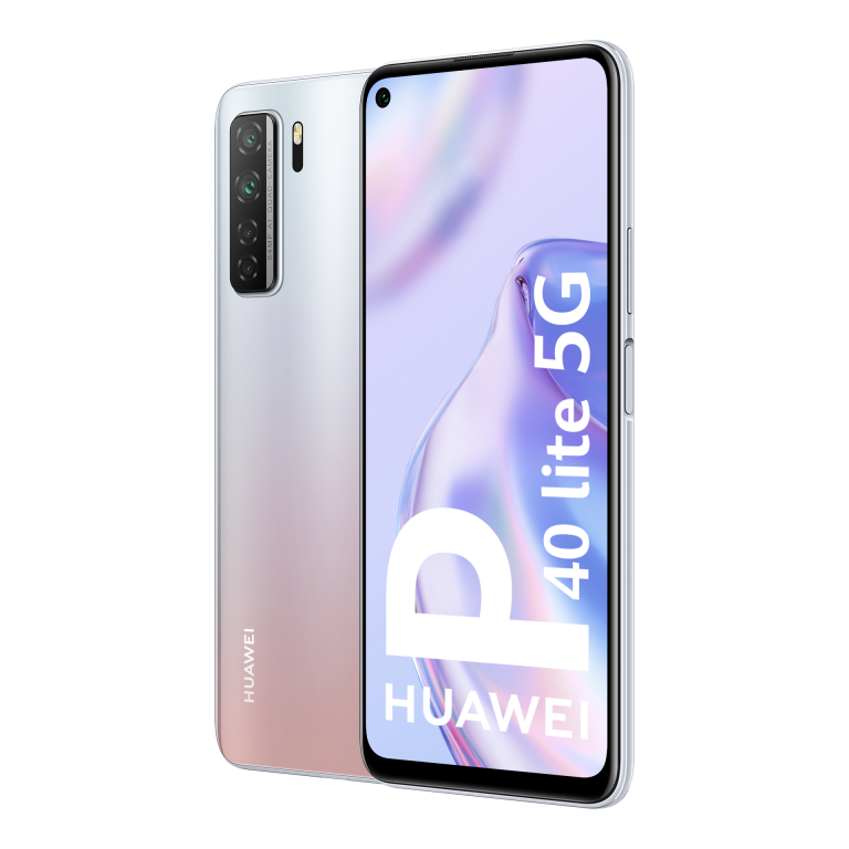 Un teléfono Huawei 40 Lite 5G blanco y rosa. La pantalla muestra el nombre del teléfono.