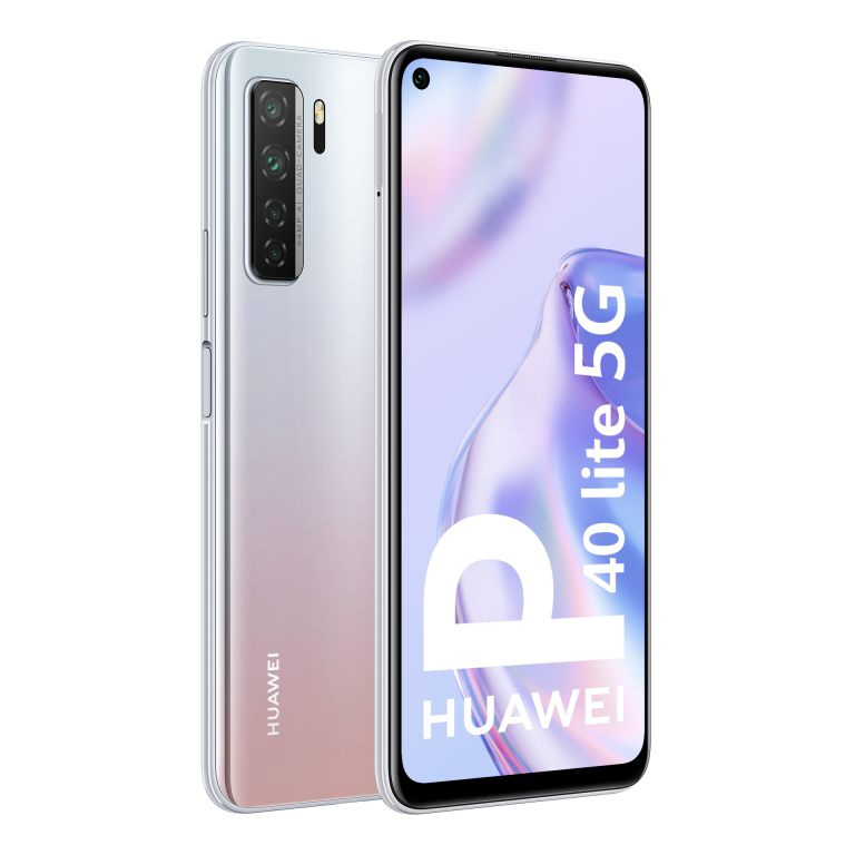 Un teléfono Huawei P40 lite 5G plateado y rosa sobre fondo negro.