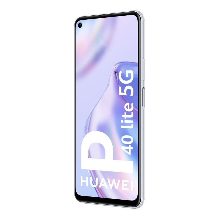 Un teléfono inteligente Huawei P40 lite 5G. El teléfono tiene un cuerpo blanco y una pantalla grande.