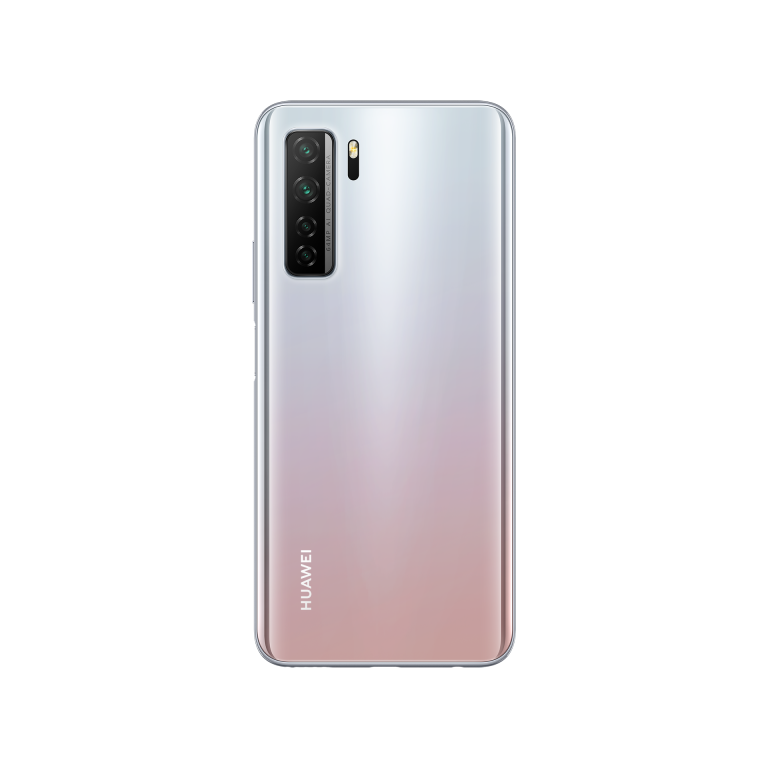 Teléfono Huawei plateado y rosa. La parte trasera tiene varias cámaras y el logo Huawei.