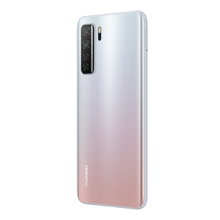 Parte trasera de teléfono Huawei rosa degradado, cámara, fondo negro.