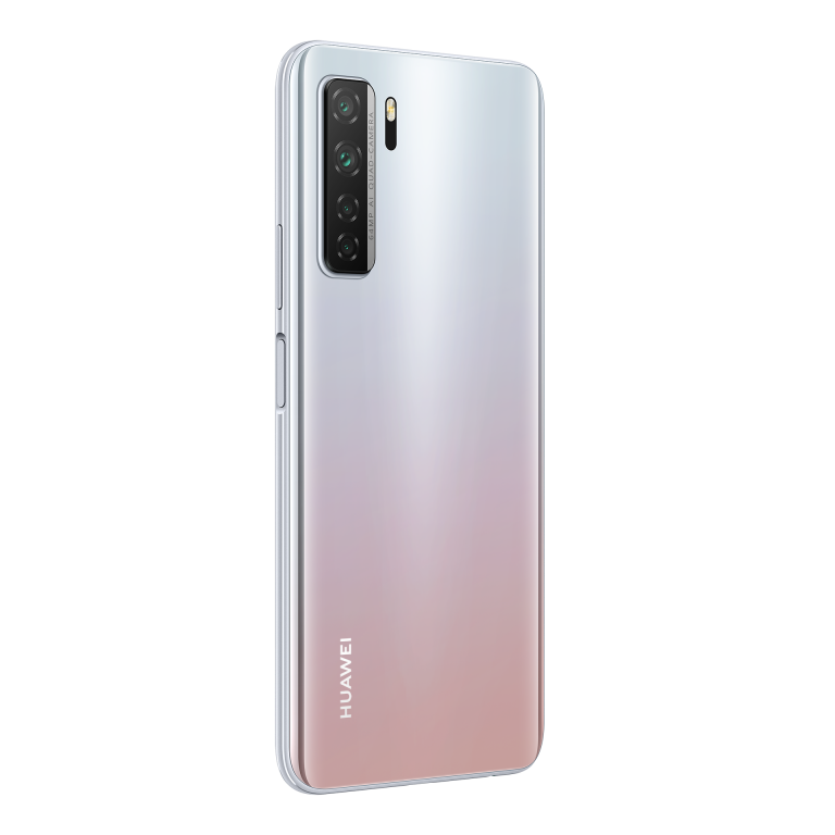 Parte trasera de un teléfono Huawei. Tiene un color rosa y blanco degradado. Cámara cuádruple.
