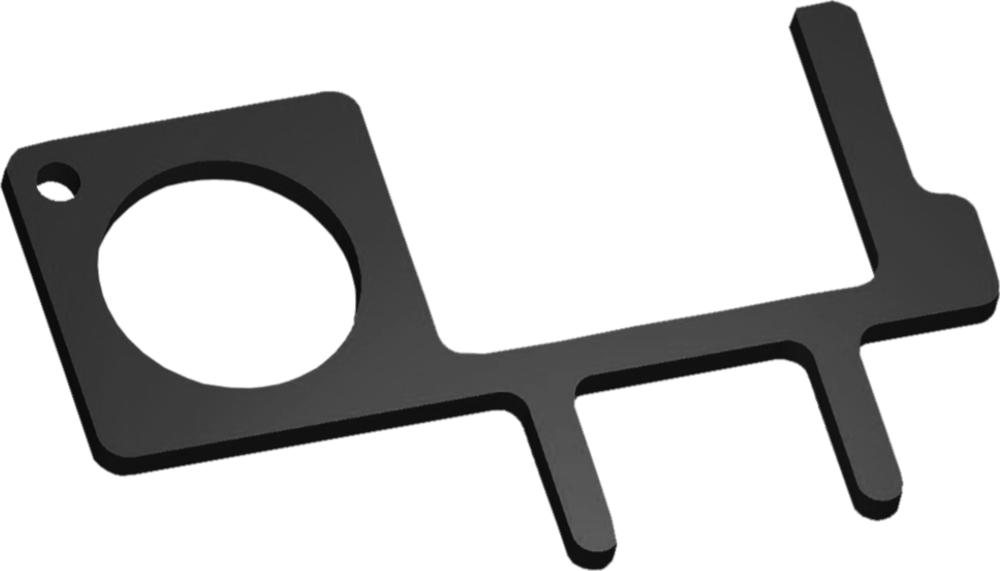Ouvre-porte sans contact noir, une pièce de métal avec un trou et des languettes.