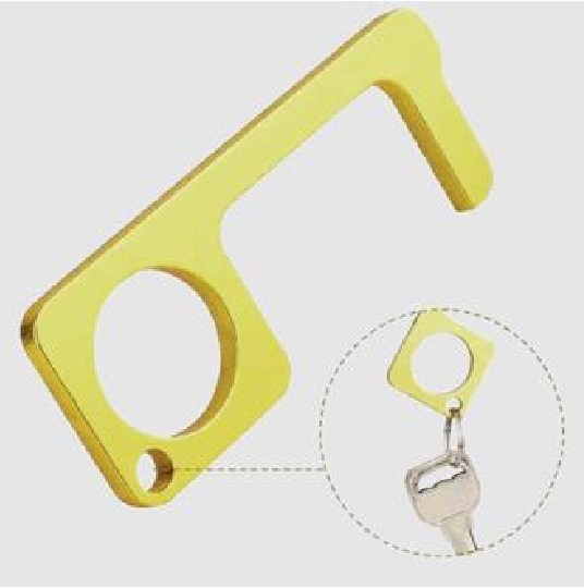 Outil d'ouverture de porte sans contact jaune, avec un trou et un trou pour porte-clés. Fond blanc.