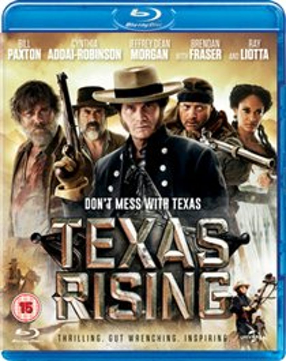 Texas Rising Blu-ray cover. Vijf mannen met hoeden en geweren. Tekst: Don't mess with Texas.