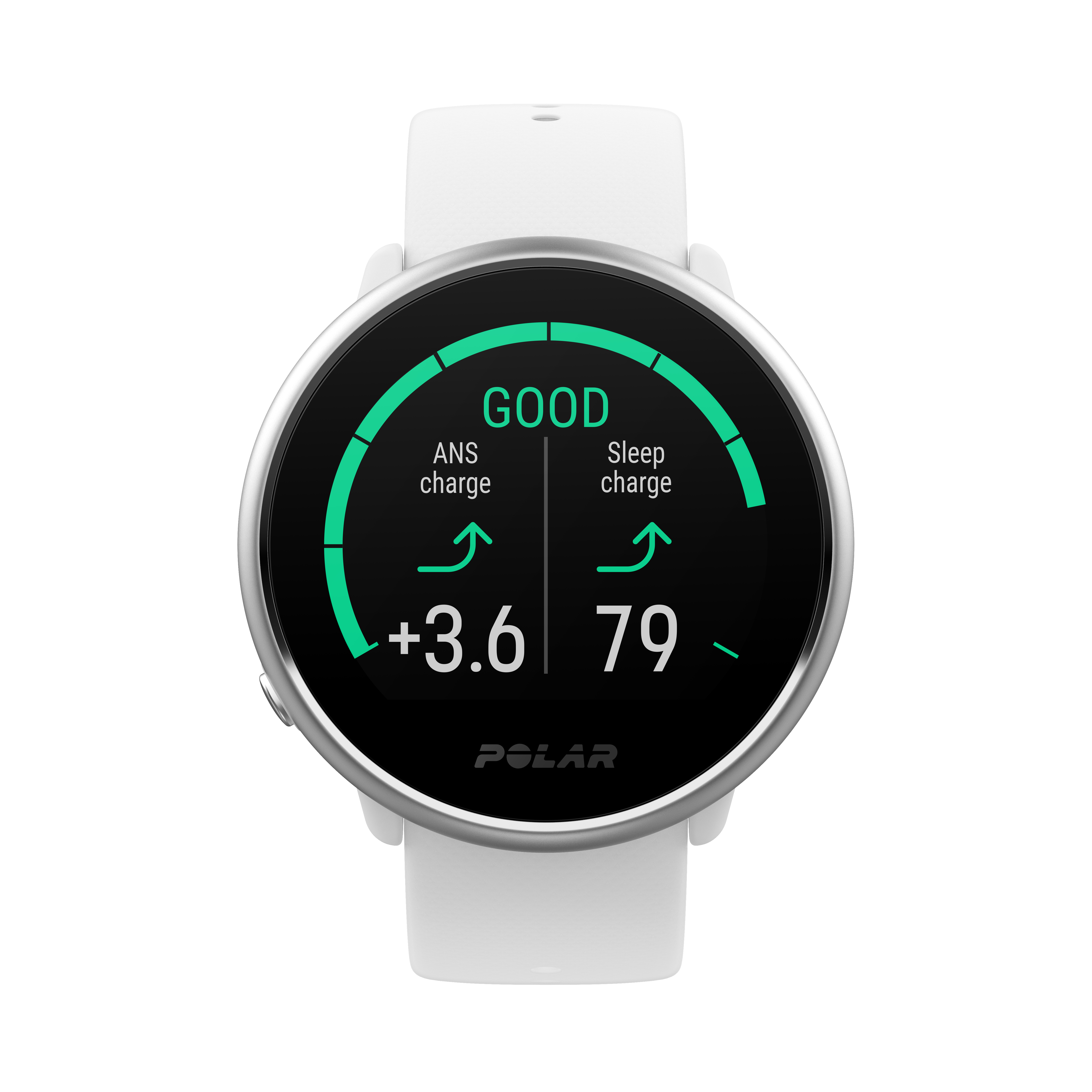 Weiße Smartwatch mit 'GOOD' und Statistiken für ANS und Sleep Charge, mit weißem Armband.