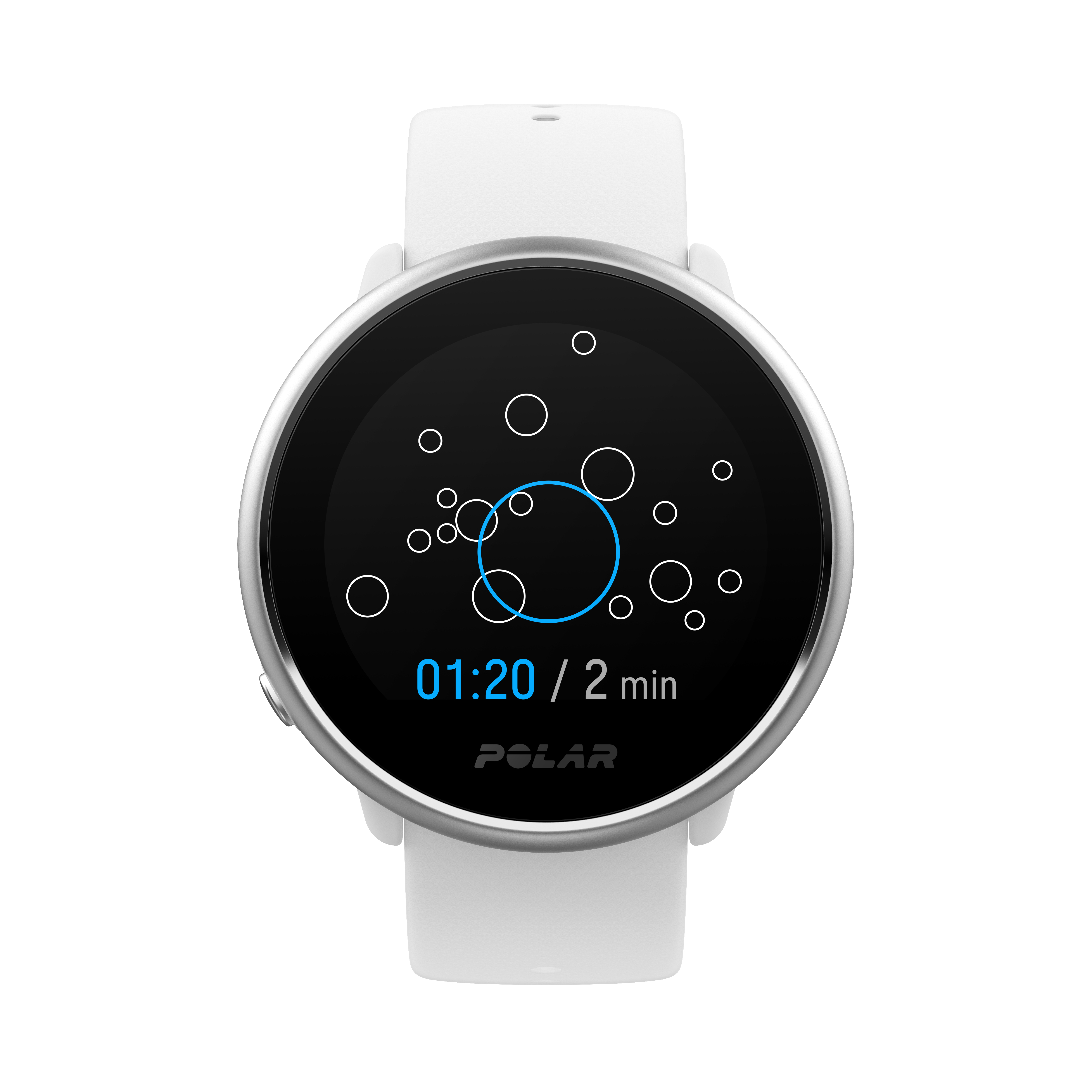 Weiße Smartwatch mit schwarzem Display. Der Bildschirm zeigt Trainingsdaten und Uhrzeit.