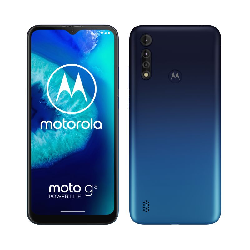 Un teléfono Motorola azul de dos tonos. La parte frontal muestra el logo y 'moto g8 power lite'. La parte trasera tiene cámaras y logo.