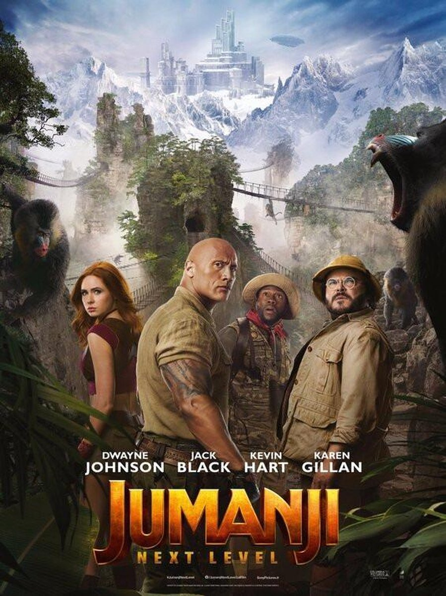 Affiche de film : Dwayne Johnson, Jack Black et d'autres dans un cadre de jungle. Le titre du film est Jumanji.