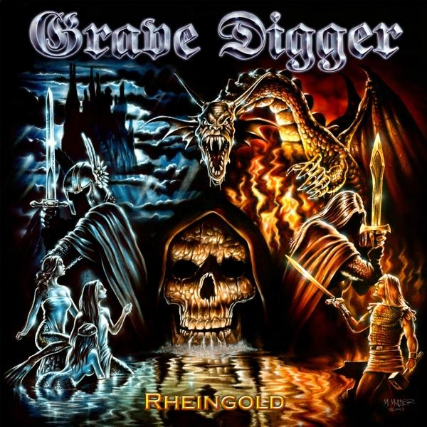 Fantasy-Kunst. Ein Schädel, ein Drache, kämpfende Ritter und ein Fluss mit Reflexionen. Text: Grave Digger Rheingold.