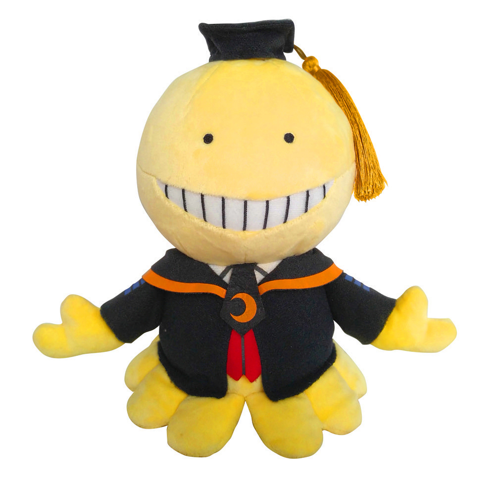 Ein gelbes Plüschtier einer Zeichentrickfigur mit Abschlusskappe und schwarzer Uniform.