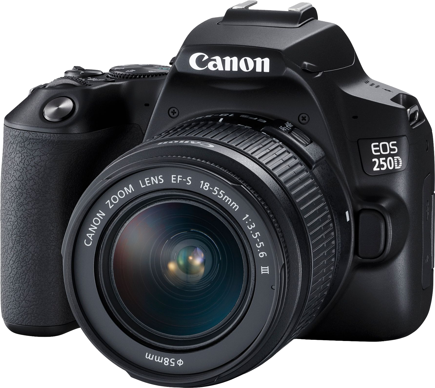Un appareil photo Canon EOS 250D noir avec un objectif, gros plan.