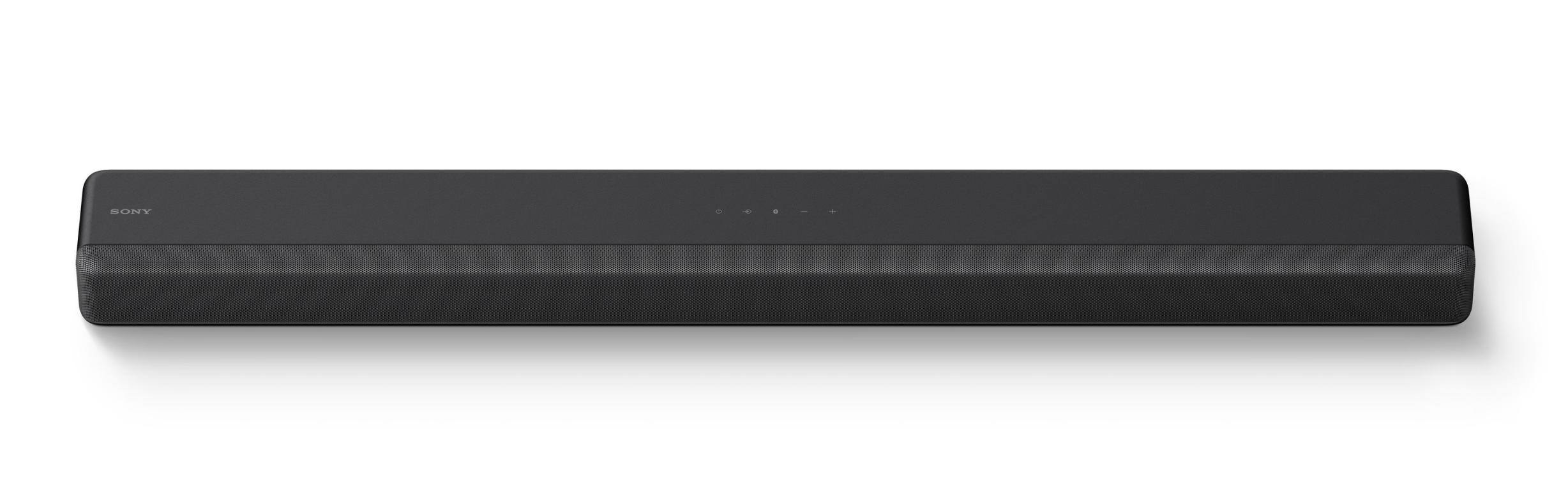 Barra de sonido negra con el logo de Sony. Sobre fondo blanco. La barra es larga.