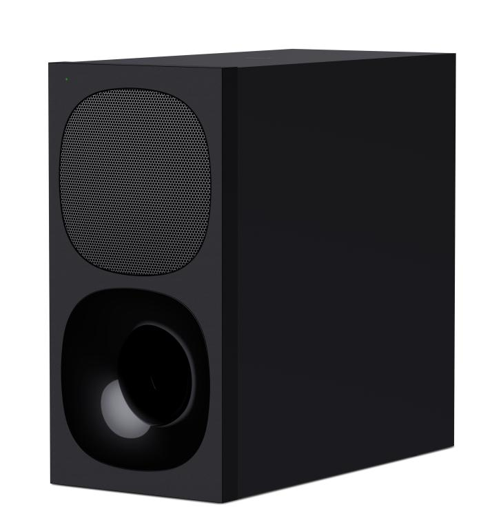 Un subwoofer negro con un puerto redondo y un altavoz cubierto de malla.