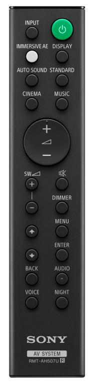 Mando a distancia negro del sistema AV Sony con muchos botones. Botón Display verde.