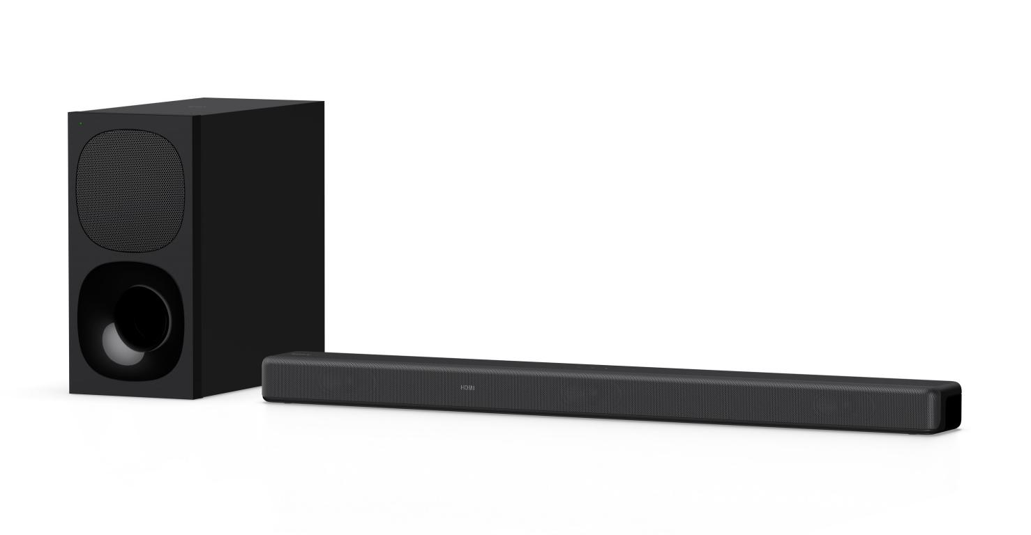 Conjunto de barra de sonido y subwoofer negros. La barra es larga, el subwoofer es una caja.