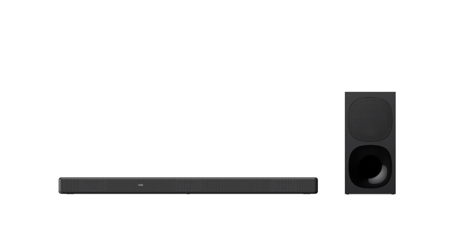 Una barra de sonido y un subwoofer negros sobre un fondo blanco. La barra de sonido es horizontal.
