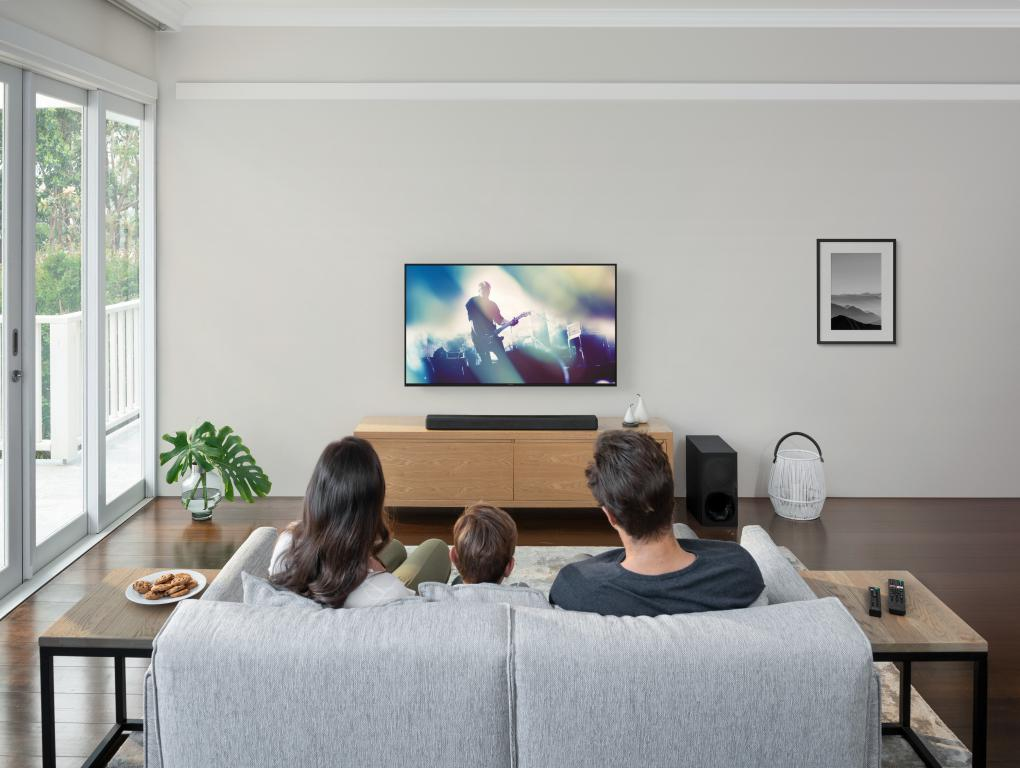 Familia viendo la televisión en un sofá gris. Mesa de centro y planta en la habitación.