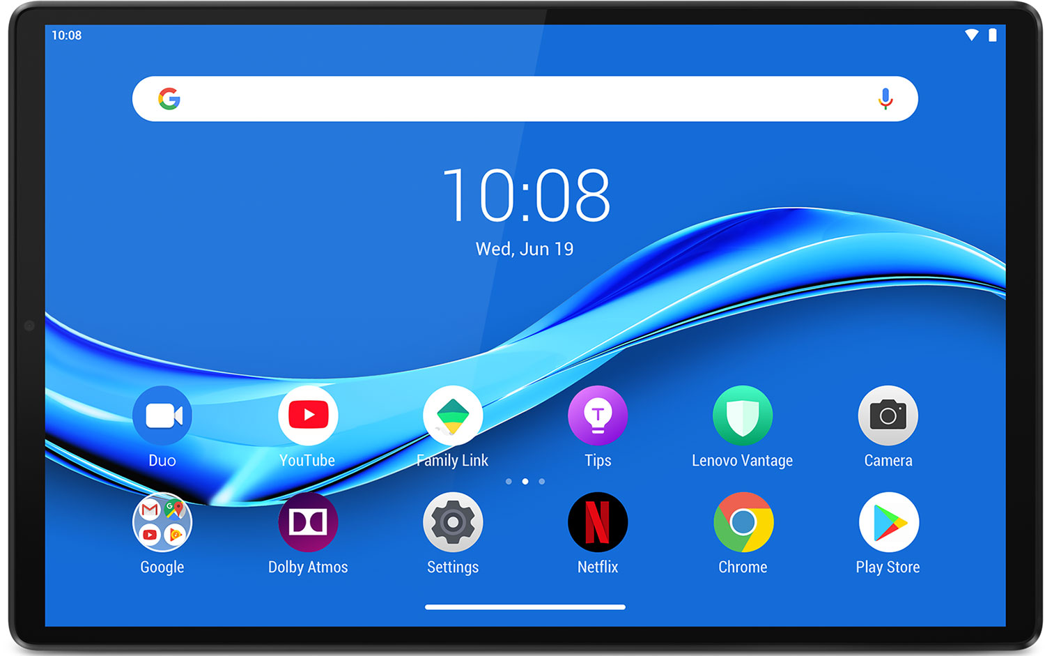 Écran de tablette affichant un écran d'accueil avec des icônes d'applications, dont Google, YouTube et l'heure.