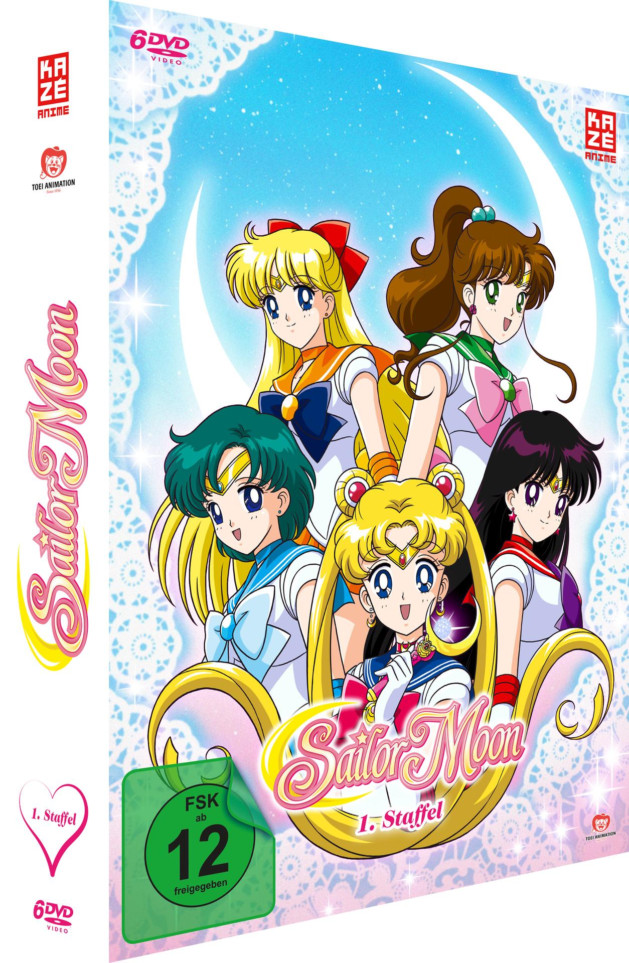 Sailor Moon Anime DVD-Box-Set mit fünf Anime-Charakteren auf dem Cover, in weiß-blauem Rahmen.