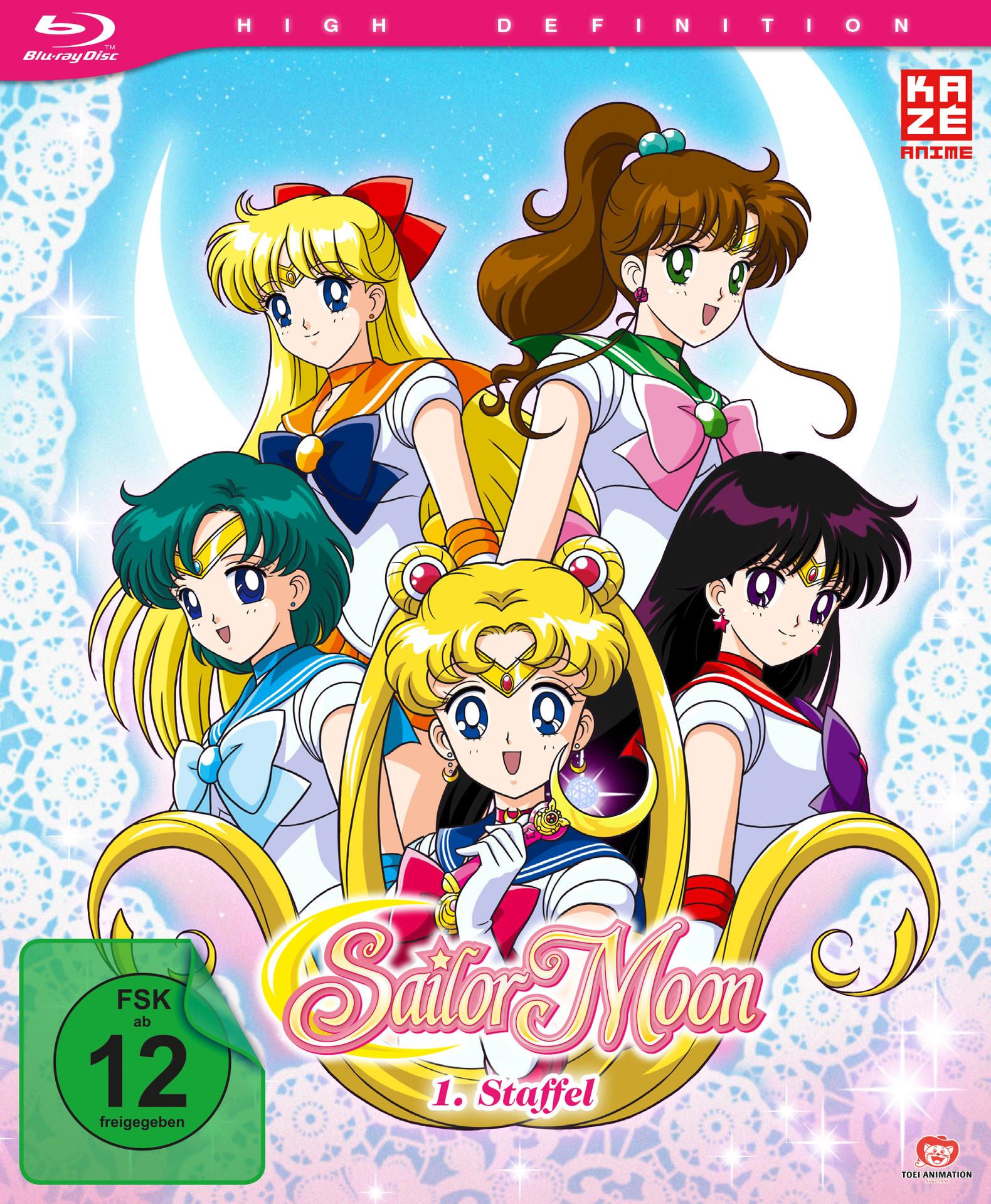 DVD-Cover: Sailor Moon Anime-Charaktere. Mehrere Mädchen in Sailor-Uniformen posieren. Blauer Hintergrund.