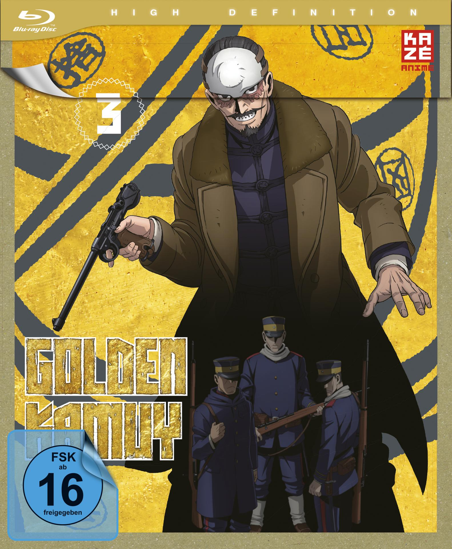 Golden Kamuy Anime Blu-ray Cover mit Mann mit Waffe.