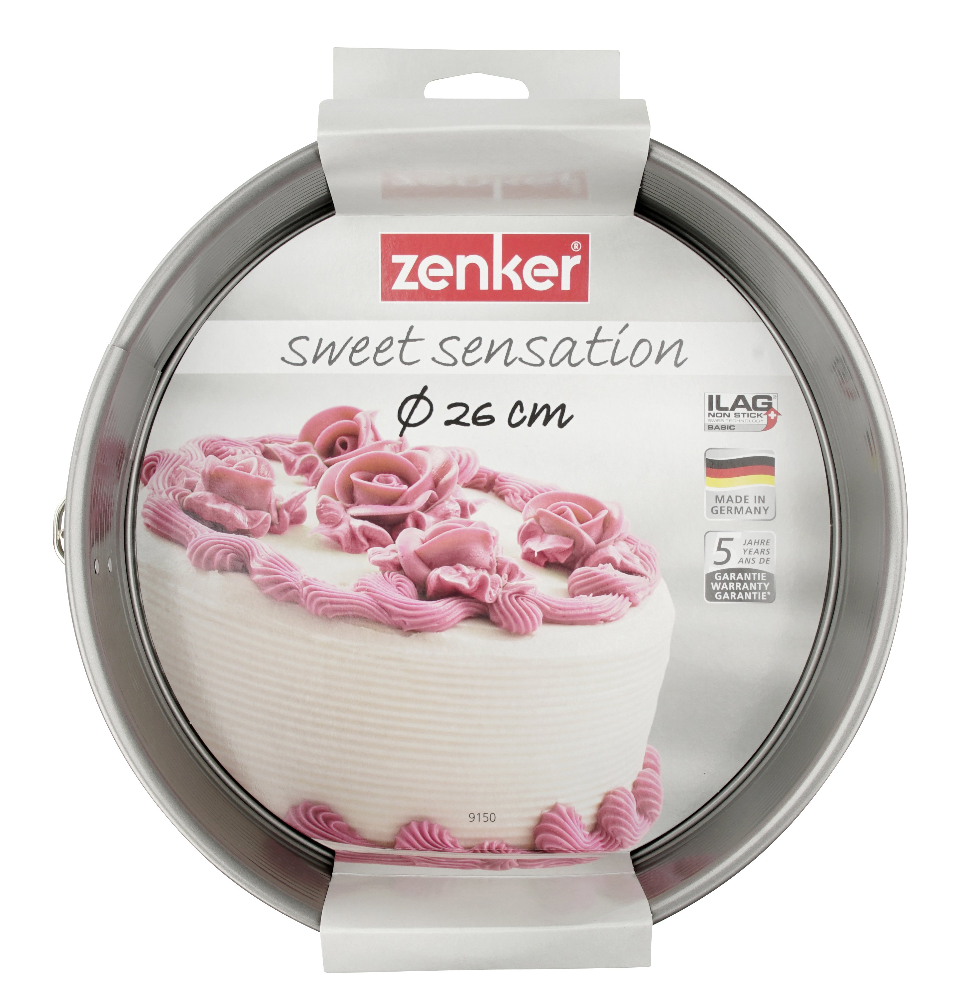 Eine runde Kuchenform mit Kuchen darin und einem Etikett mit der Aufschrift Zenker.
