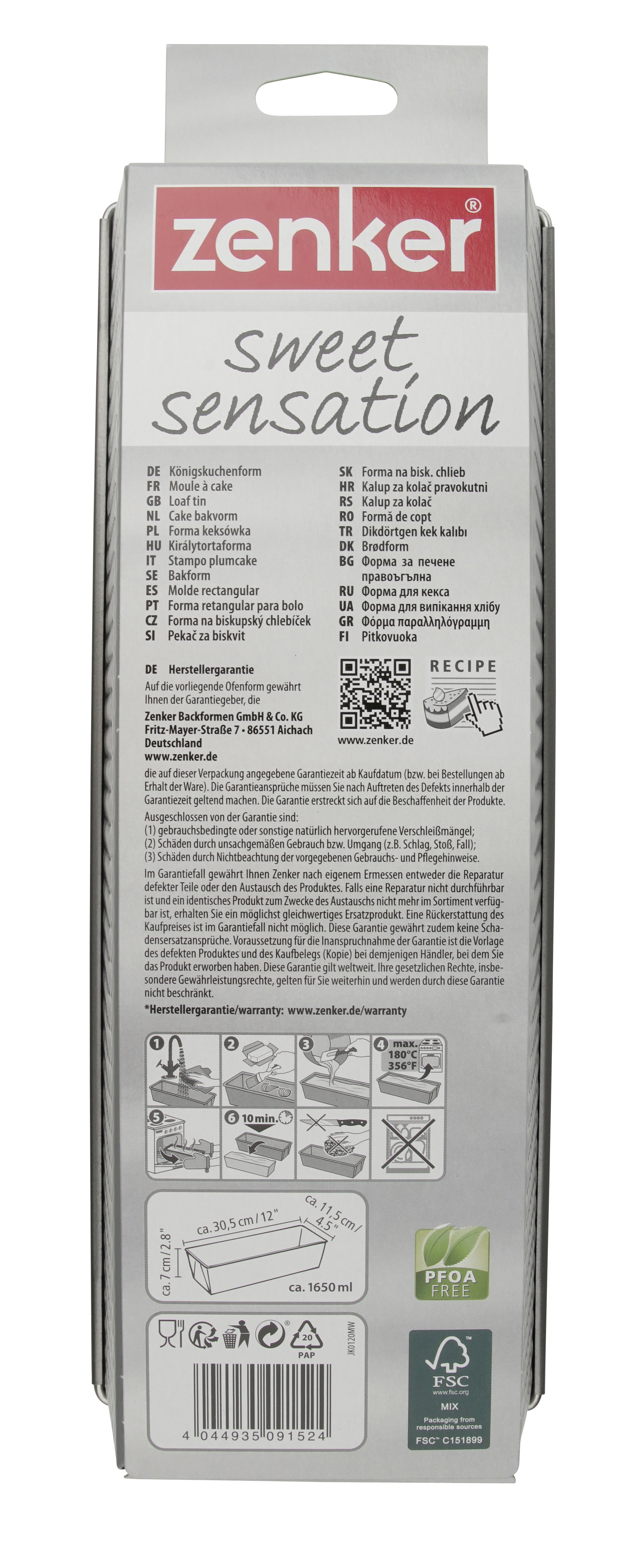 Schachtel einer Kastenform, die Produktinformationen, Bilder und Garantieangaben zeigt.