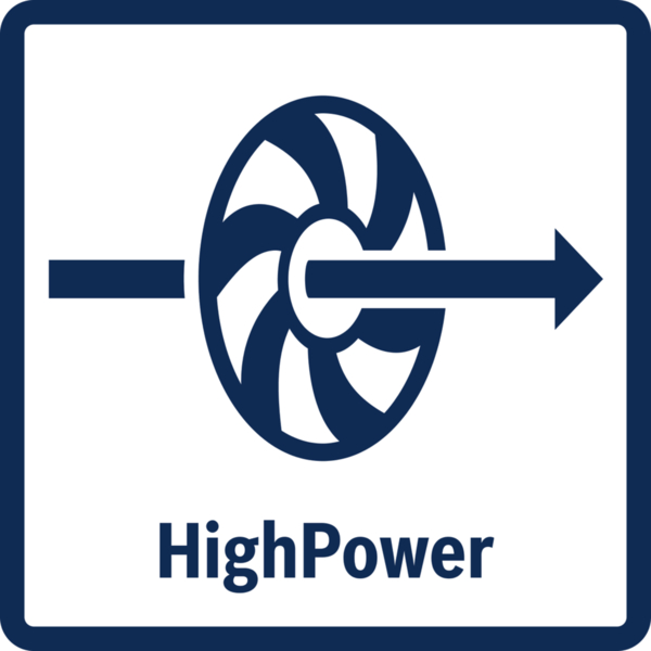 Ein blaues Quadrat mit einem fächerartigen Symbol und einem Pfeil sowie dem Text 'HighPower'.