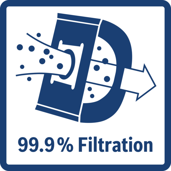 Ein blaues Quadrat mit weißem D-Logo und dem Text 99,9% Filtration. Weißer Pfeil rechts.